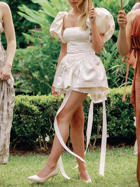 Lovely Short Wedding Dress,Wedding Reception Dress With Satin Streamers,WS25103102