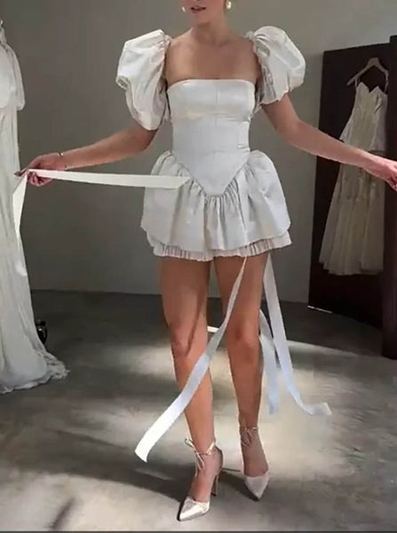 Lovely Short Wedding Dress,Wedding Reception Dress With Satin Streamers,WS25103102