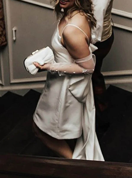 Spaghetti Straps Short Satin Wedding Dress,Wedding Reception Dress With Big Bow,WS25103101