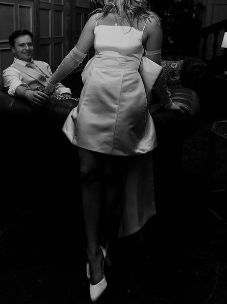 Spaghetti Straps Short Satin Wedding Dress,Wedding Reception Dress With Big Bow,WS25103101