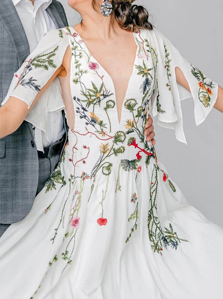 Embroidered Chiffon Wedding Dress,Open Back Bridal Dress,WD2573030