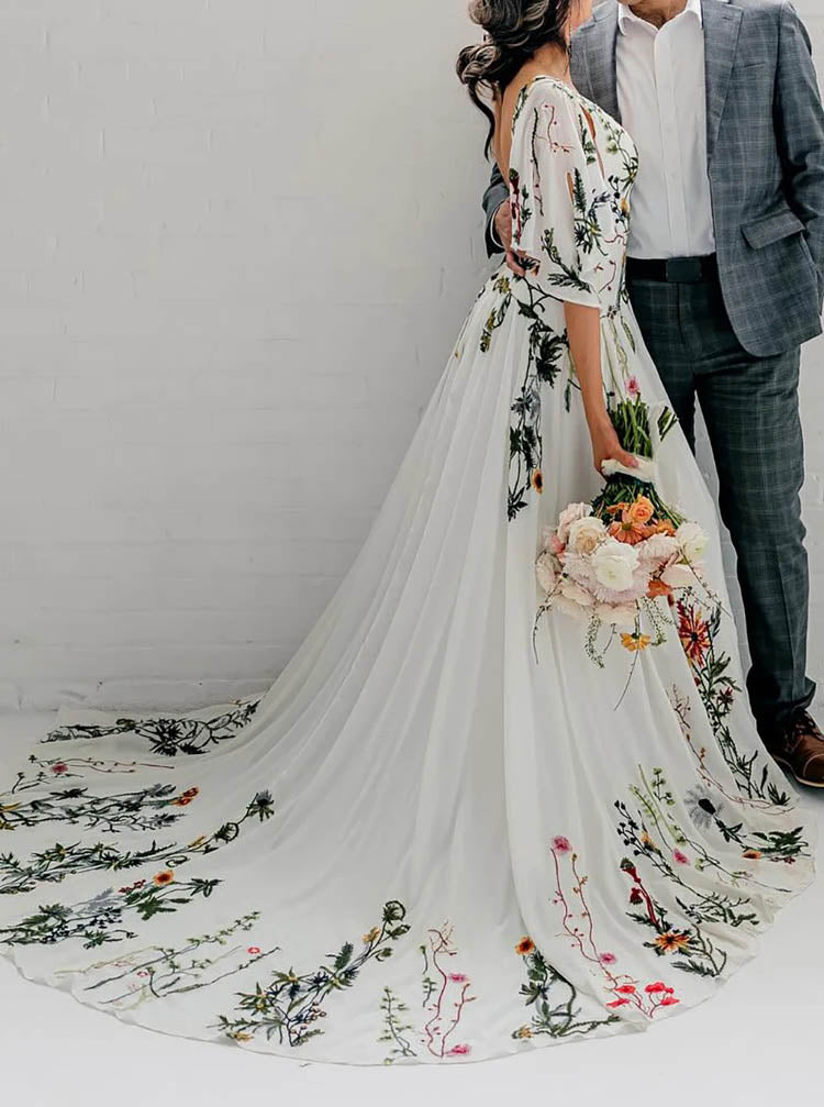 Embroidered Chiffon Wedding Dress,Open Back Bridal Dress,WD2573030 - Wishingdress Embroidered Chiffon Wedding Dress,Open Back Bridal Dress,WD2573030 - Wishingdress