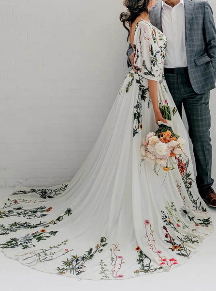 Embroidered Chiffon Wedding Dress,Open Back Bridal Dress,WD2573030