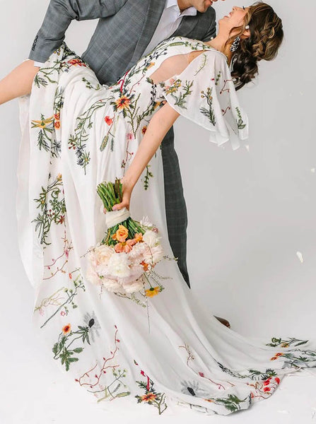 Embroidered Chiffon Wedding Dress,Open Back Bridal Dress,WD2573030