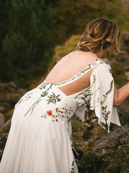 Embroidered Chiffon Wedding Dress,Open Back Bridal Dress,WD2573030