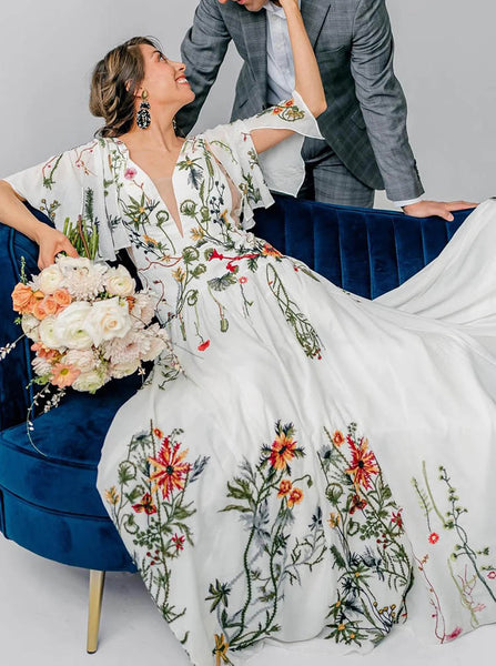 Embroidered Chiffon Wedding Dress,Open Back Bridal Dress,WD2573030