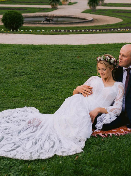 Boho Lace Wedding Dress,Bell Sleeve Wedding Gown,WD2510331628