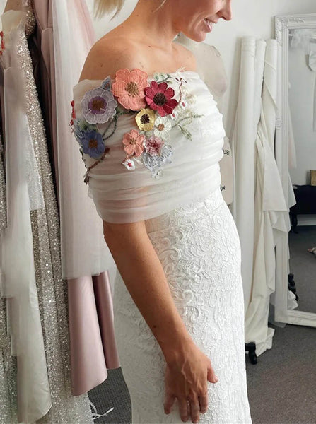Removable Topper Wedding Gown,Lace Bridal Gown With Floral Appliques,WD2510131551