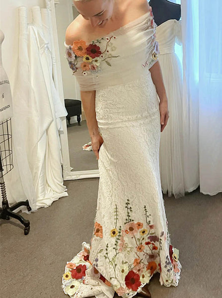 Removable Topper Wedding Gown,Lace Bridal Gown With Floral Appliques,WD2510131551