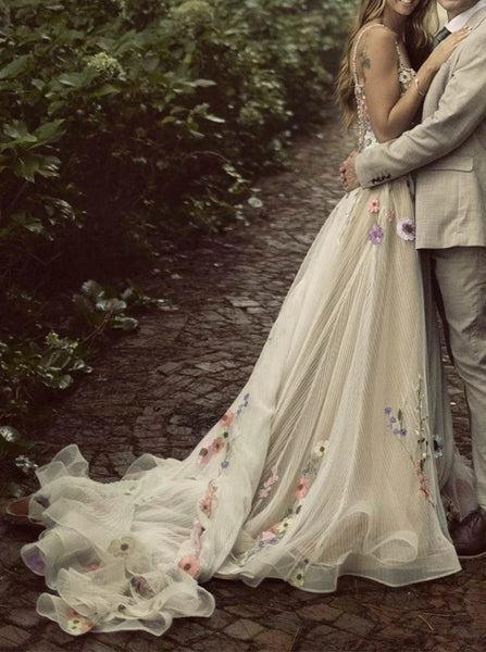 Floral Appliqued Wedding Dress,Destination Bridal Gown,WD2510031437