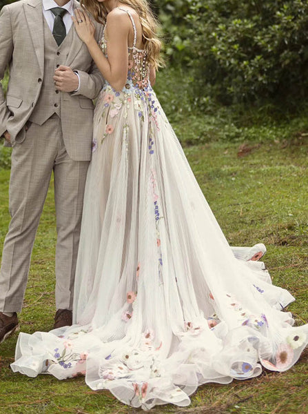 Floral Appliqued Wedding Dress,Destination Bridal Gown,WD2510031437
