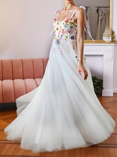 Tie Strap A-line Wedding Dress,Embroidered Bodice Wedding Gown,WS2510021521