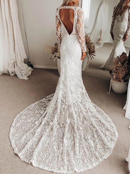Boho Lace Wedding Dress,Illusion Sleeve Lace Bridal Dress,WD2509291508
