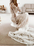 Boho Lace Wedding Dress,Illusion Sleeve Lace Bridal Dress,WD2509291508