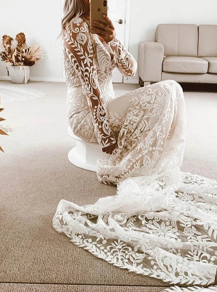 Boho Lace Wedding Dress,Illusion Sleeve Lace Bridal Dress,WD2509291508