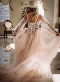 Detached Illusion Puff Sleeve Wedding Dress,Blushing Pink Wedding Gown,WD09281538