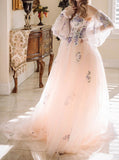 Detached Illusion Puff Sleeve Wedding Dress,Blushing Pink Wedding Gown,WD09281538