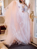 Detached Illusion Puff Sleeve Wedding Dress,Blushing Pink Wedding Gown,WD09281538