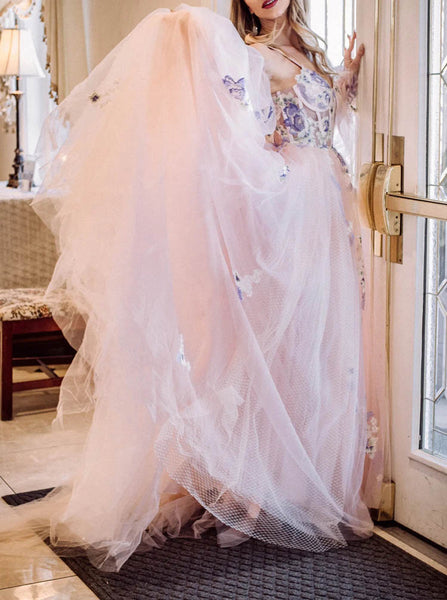Detached Illusion Puff Sleeve Wedding Dress,Blushing Pink Wedding Gown,WD09281538