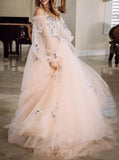 Detached Illusion Puff Sleeve Wedding Dress,Blushing Pink Wedding Gown,WD09281538