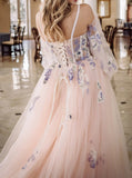 Detached Illusion Puff Sleeve Wedding Dress,Blushing Pink Wedding Gown,WD09281538