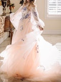 Detached Illusion Puff Sleeve Wedding Dress,Blushing Pink Wedding Gown,WD09281538