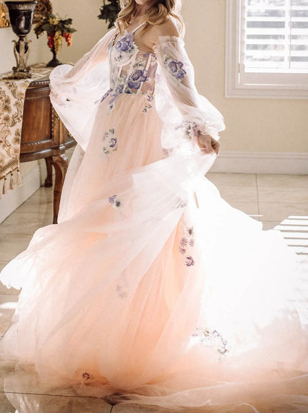 Detached Illusion Puff Sleeve Wedding Dress,Blushing Pink Wedding Gown,WD09281538