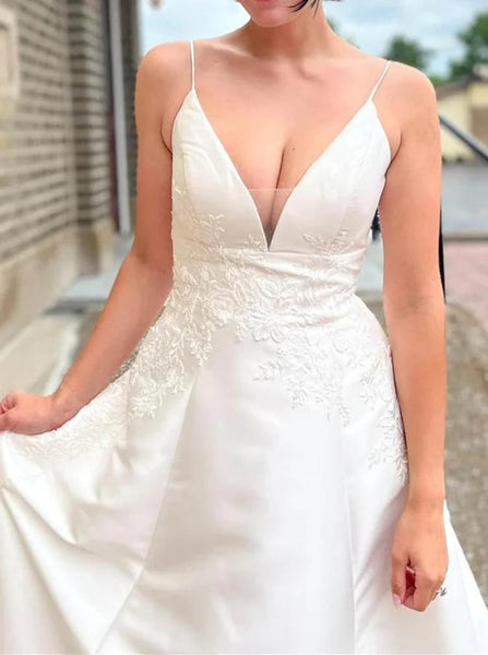 A-line Satin Wedding Gown,Spaghetti Straps Wedding Dress,WD2509171719