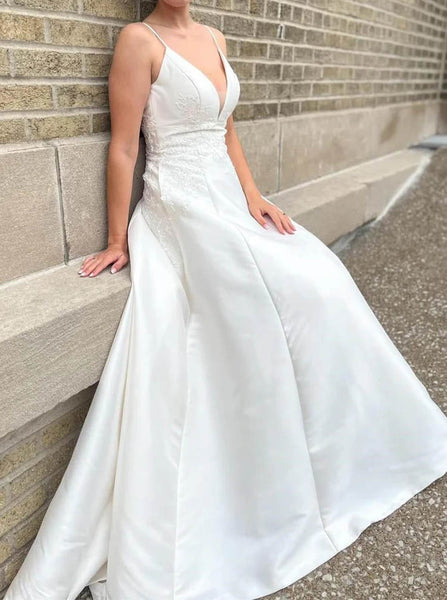 A-line Satin Wedding Gown,Spaghetti Straps Wedding Dress,WD2509171719