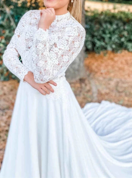 Modest Wedding Dress With Long Sleeve,Chiffon Outdoor Wedding Dress,WD2509171545