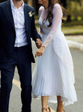 Casual Tea Length Wedding Dress With Sleeve,Pleated Chiffon Wedding Reception Dress,WD09171520