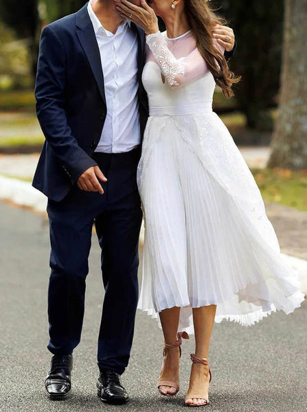 Casual Tea Length Wedding Dress With Sleeve,Pleated Chiffon Wedding Reception Dress,WD09171520