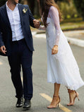Casual Tea Length Wedding Dress With Sleeve,Pleated Chiffon Wedding Reception Dress,WD09171520