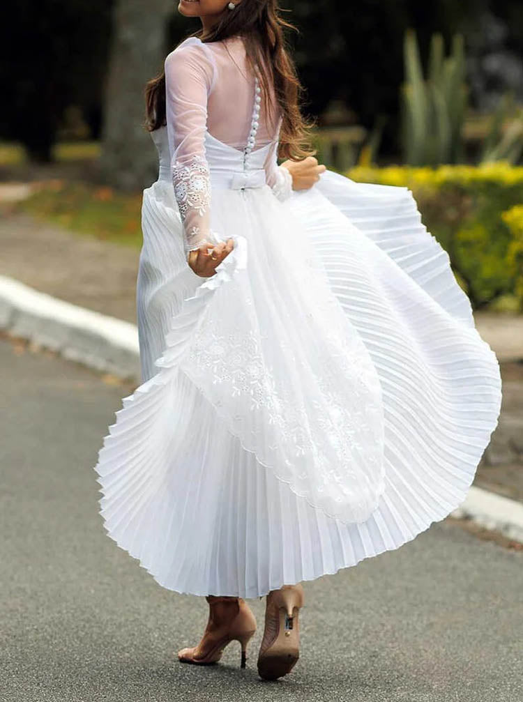 Casual Tea Length Wedding Dress With Sleeve,Pleated Chiffon Wedding Re - Wishingdress Casual Tea Length Wedding Dress With Sleeve,Pleated Chiffon Wedding Re - Wishingdress