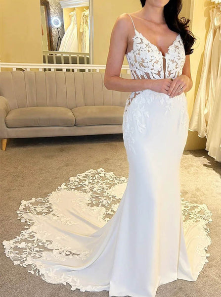 Spaghetti Straps Fit and Flare Bridal Dress,Lace Petal Train Wedding Dress,WD012700