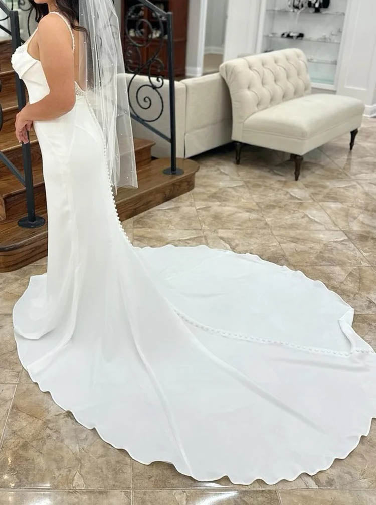 Fit and Flare Chiffon Wedding Dress,Beaded Neckline Bridal Dress,WD012600, Ivory / US12 Fit and Flare Chiffon Wedding Dress,Beaded Neckline Bridal Dress,WD012600, Ivory / US12