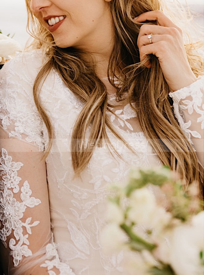 Modest Fit And Flare Wedding Dress,Long Sleeve Ivory Over Champagne Br