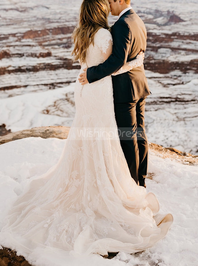 Modest Fit And Flare Wedding Dress,Long Sleeve Ivory Over Champagne Br - Wishingdress Modest Fit And Flare Wedding Dress,Long Sleeve Ivory Over Champagne Br - Wishingdress