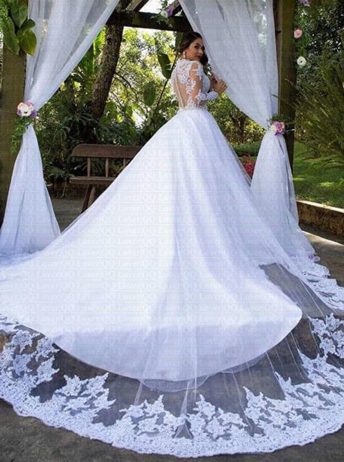 Classic Long Sleeve Bridal Gown,Cathedral Train Wedding Gown,WD00931 US24W / Custom Color(leaving a note)