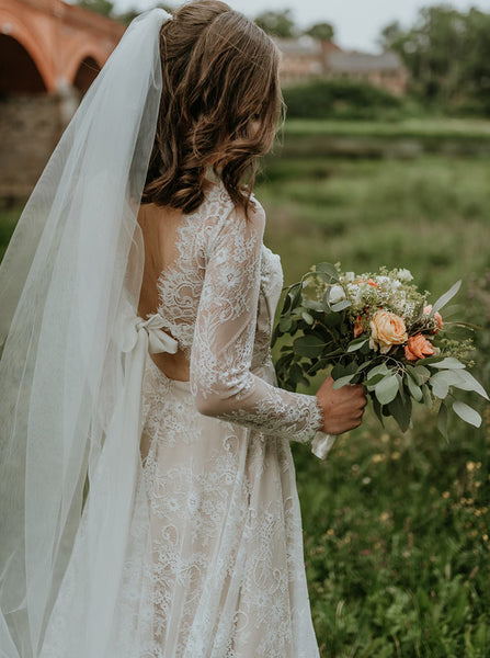 Lace Wedding Dress With Sleeve,Cutout Tie Back Destination Bridal Dress,WD00932