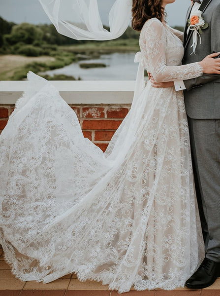 Lace Wedding Dress With Sleeve,Cutout Tie Back Destination Bridal Dress,WD00932