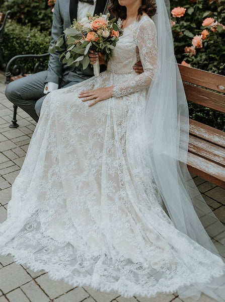 Lace Wedding Dress With Sleeve,Cutout Tie Back Destination Bridal Dress,WD00932