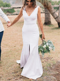 Sheath V-neck Wedding Dress With Split Front,Casual Sleeveless Bridal Dress,WD00936