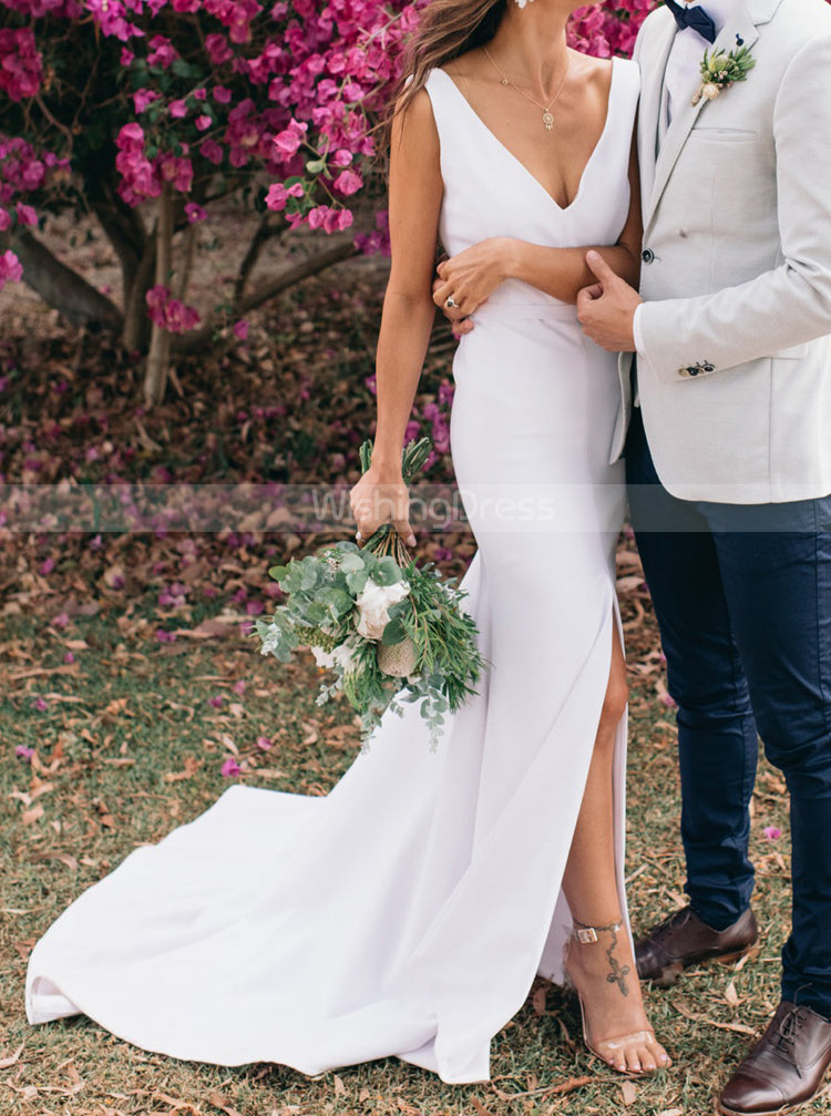 Sheath V-neck Wedding Dress With Split Front,Casual Sleeveless Bridal Dress,WD00936