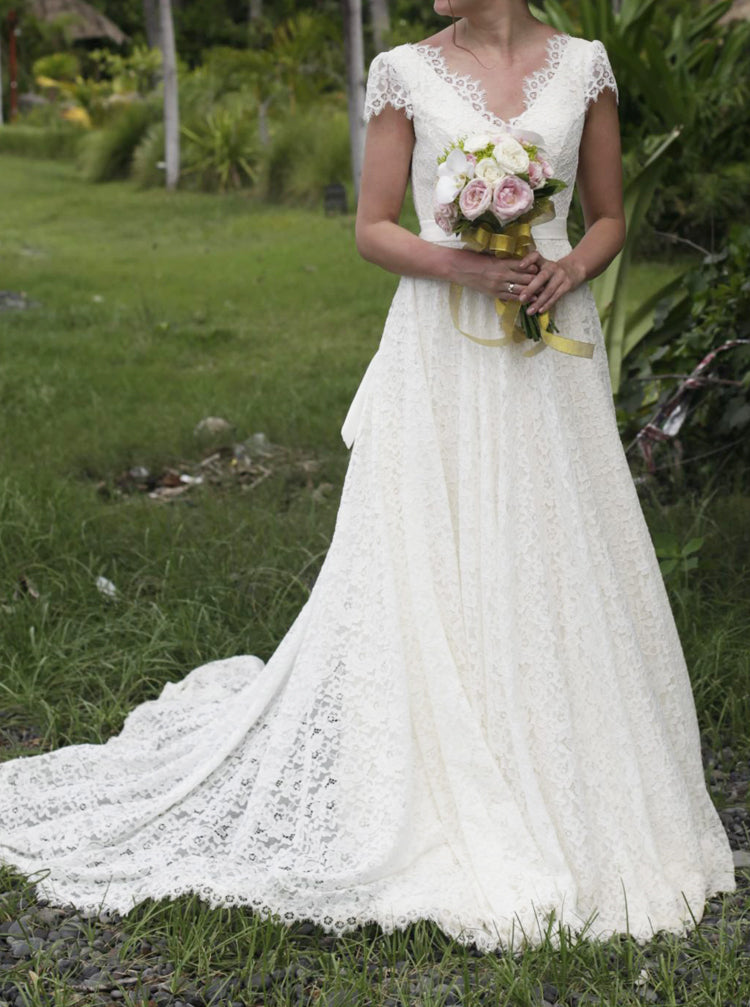 Vintage Lace Wedding Dress With Sash,Cap Sleeve Wedding Dress,WD00938 - Wishingdress Vintage Lace Wedding Dress With Sash,Cap Sleeve Wedding Dress,WD00938 - Wishingdress