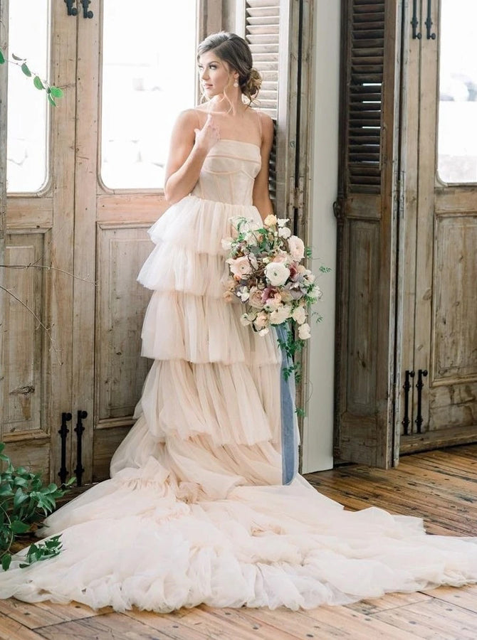 Tiered Tulle Wedding Dress,Spaghetti Straps Wedding Dress,WD00939, US10 / Champagne Tiered Tulle Wedding Dress,Spaghetti Straps Wedding Dress,WD00939, US10 / Champagne
