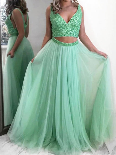 White Prom Dresses,Two Piece Prom Dress,Tulle Girls Graduation Dress,PD00299