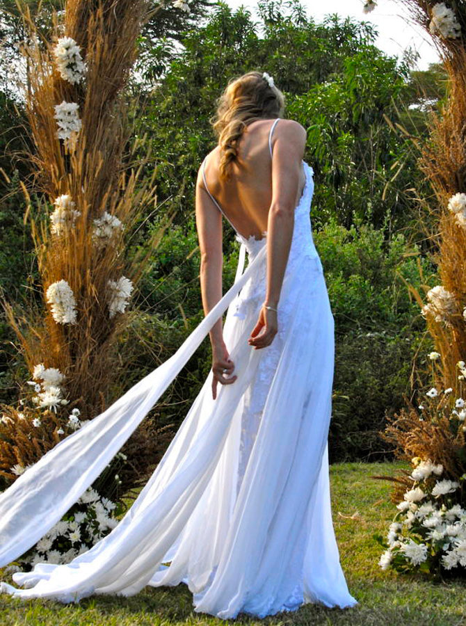 Backless Wedding Dresses,Chiffon Lace Wedding Dress,Casual Wedding Dress,Boho Bridal Dress,WD00127 US12 / Ivory