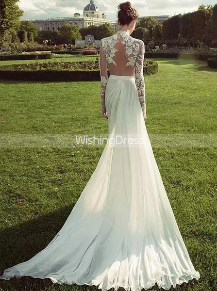 Chiffon Wedding Dresses,Wedding Dress with Sleeves,Illusion Wedding Dress,WD00131