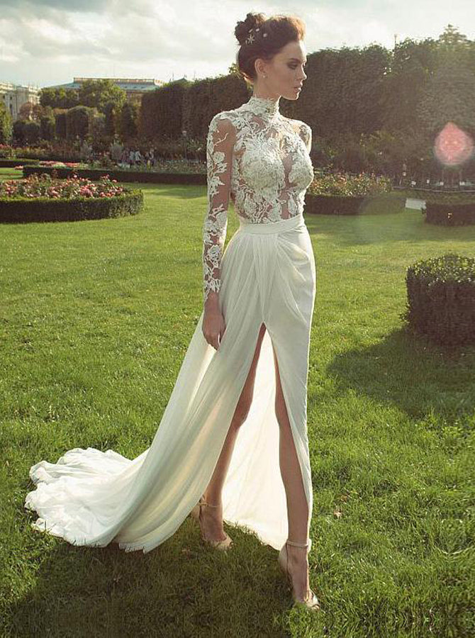 Chiffon Wedding Dresses,Wedding Dress with Sleeves,Illusion Wedding Dress,WD00131 US10 / Picture Color